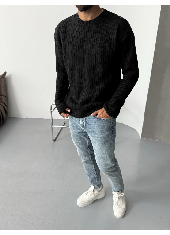 Siyah Örme Dokulu Basic Triko Kazak