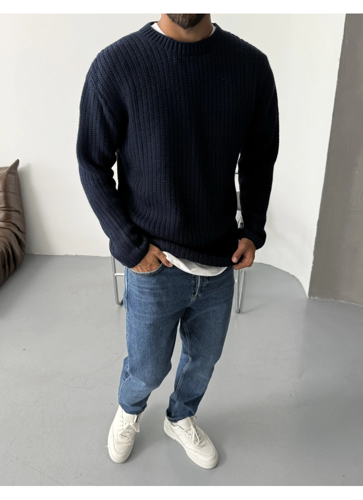 Lacivert Örme Dokulu Basic Triko Kazak