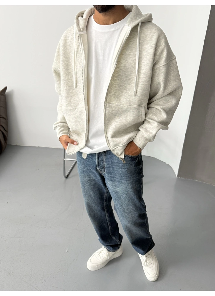 Gri Melange Kapişonlu Oversize Hırka