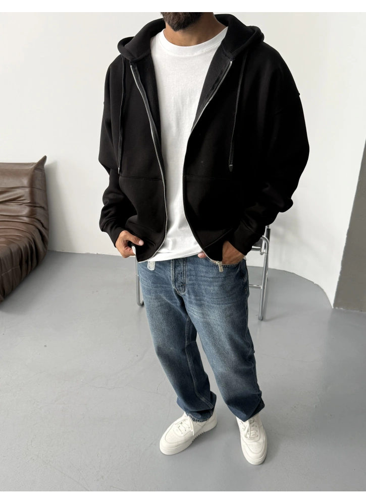 Siyah Kapişonlu Oversize Hırka