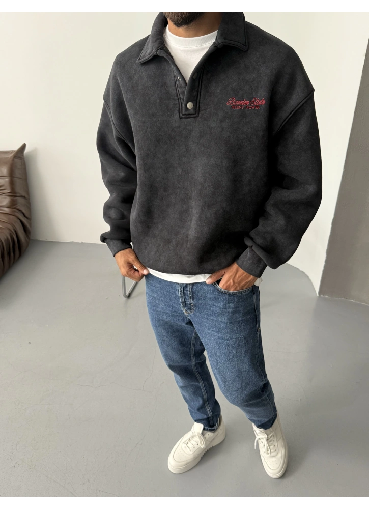 Siyah Kahve Polo Yaka Oversize Sweat