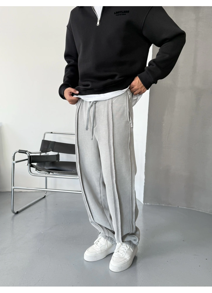 Gri Yıkamalı Çizgi Detay Baggy Eşofman