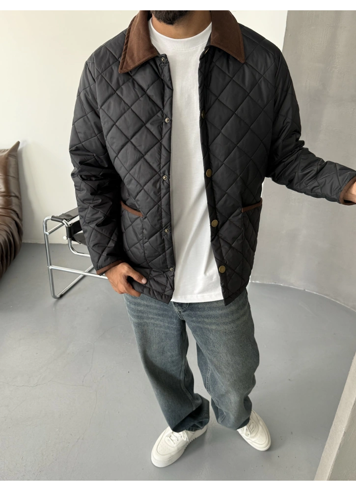 Premium Kapitone Siyah Yaka Detay Mont