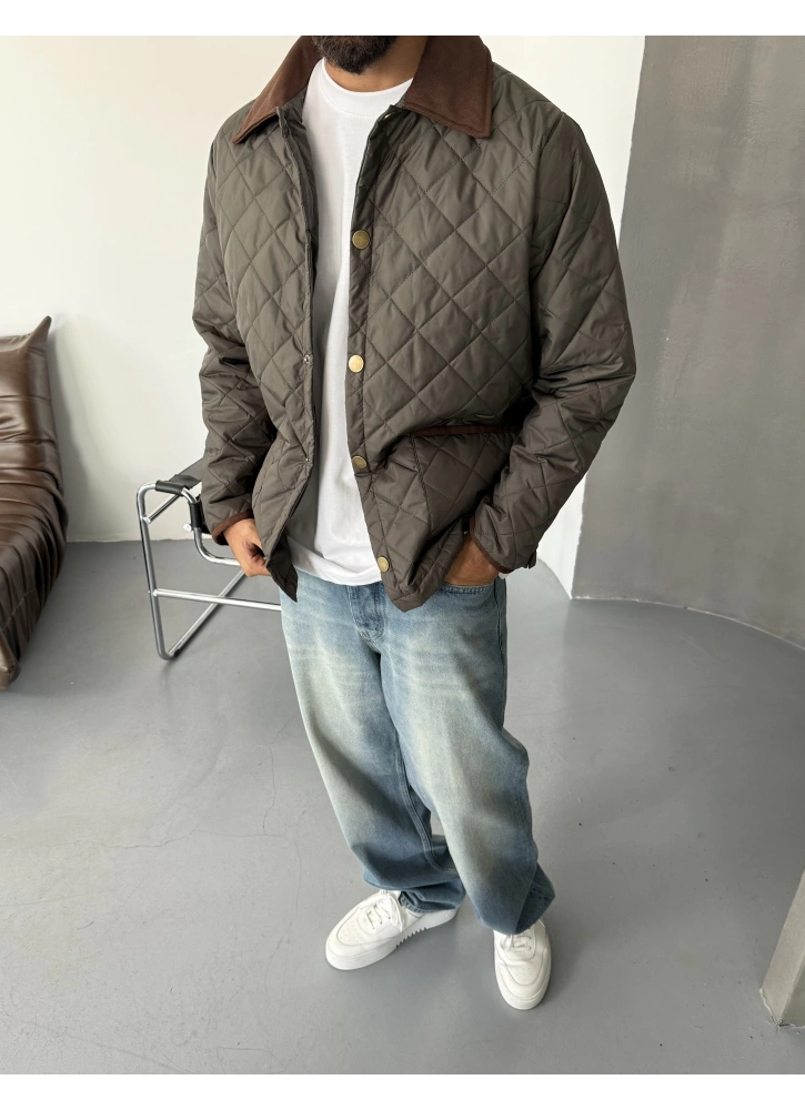 Premium Kapitone Haki Yaka Detay Mont