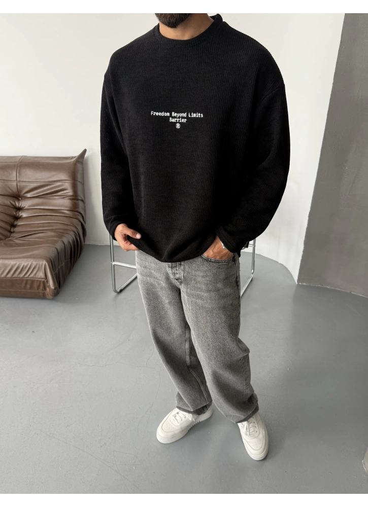 Siyah Freedom Baskılı Oversize Kazak