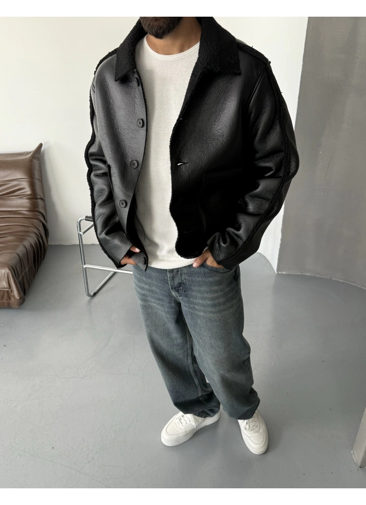 Siyah Kürk Yaka Deri Görünümlü Oversize Mont