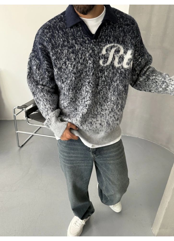 Lacivert Retro Baskılı Oversize Triko Kazak