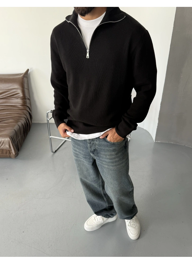 Siyah Casual Yarım Fermuar Triko Kazak