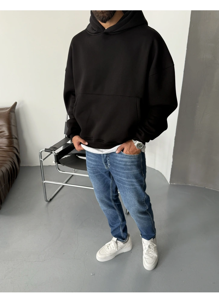 Siyah Kapişonlu Oversize Sweatshirt