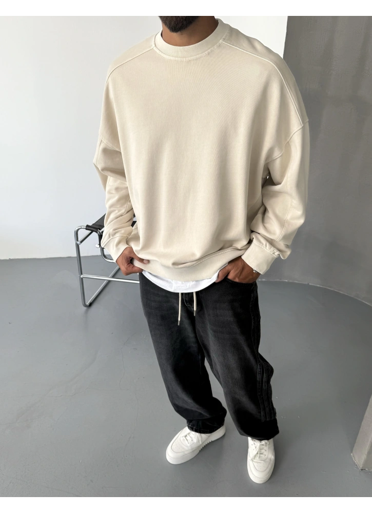 Krem Yıkamalı Premium Bisiklet Yaka Sweatshirt