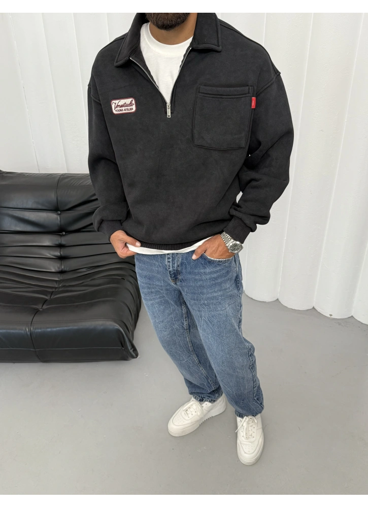 Siyah Yıkamalı Yarım Fermuar Oversize Sweat
