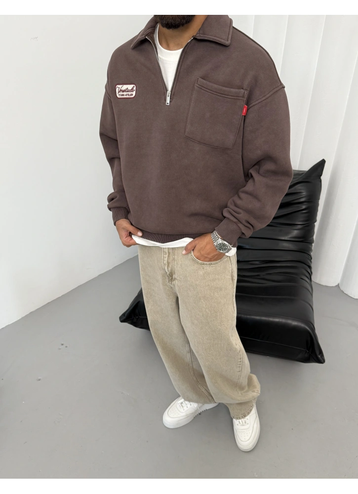 Kahve Yıkamalı Yarım Fermuar Oversize Sweat