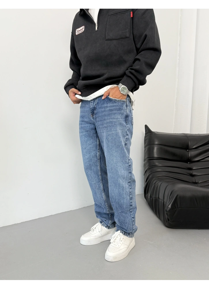 Mavi Yıkama Detay Baggy Jean