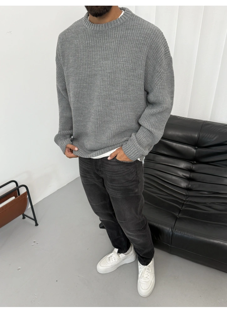 Gri Basic Örme Oversize Triko Kazak