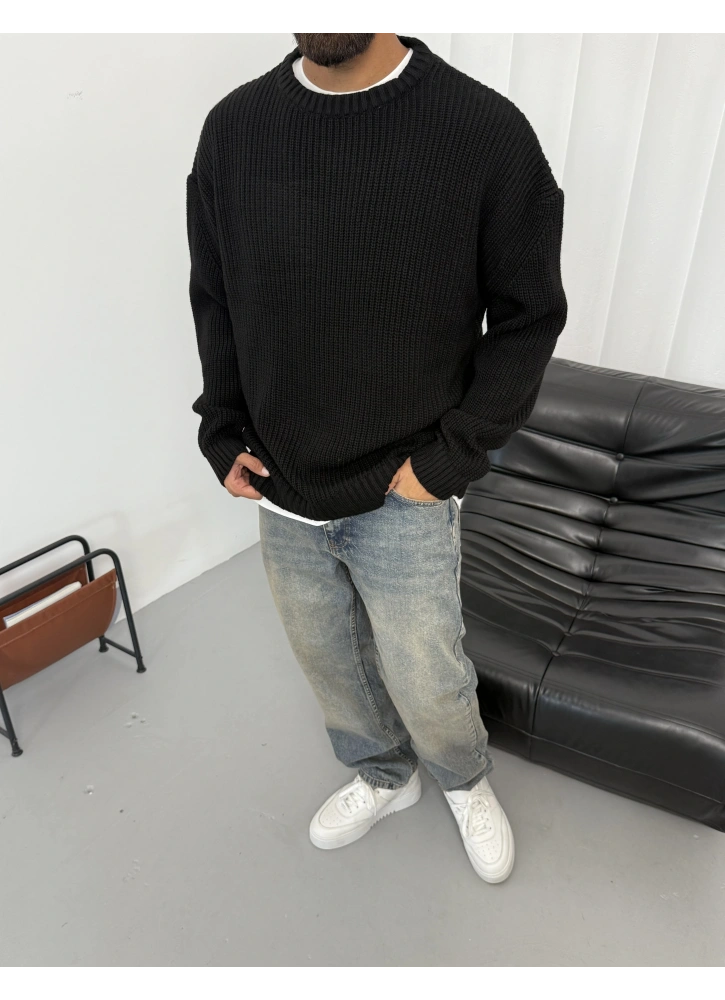 Siyah Basic Örme Oversize Triko Kazak