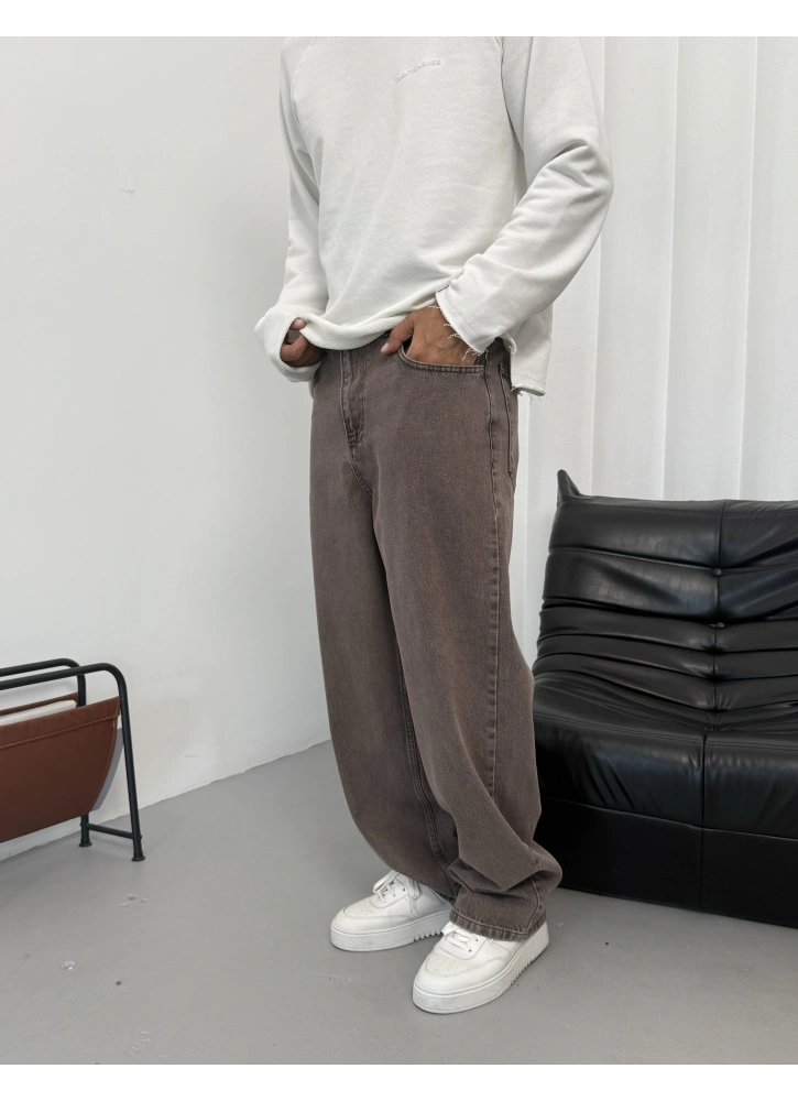 Kahve Yıkamalı Bol Kalıp Baggy Jean
