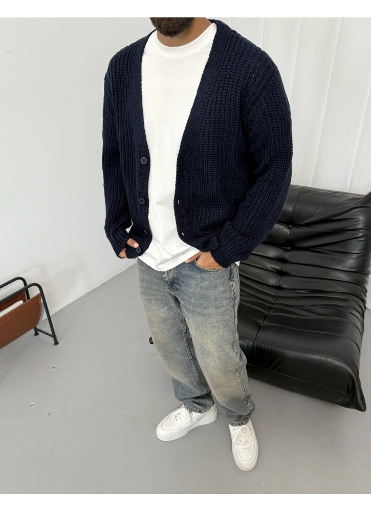 Lacivert Örme Triko Oversize Hırka