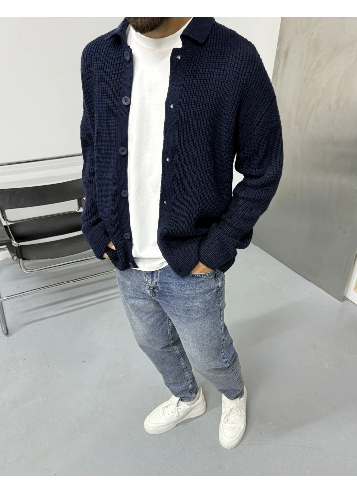 Lacivert Örme Düğmeli Oversize Hırka