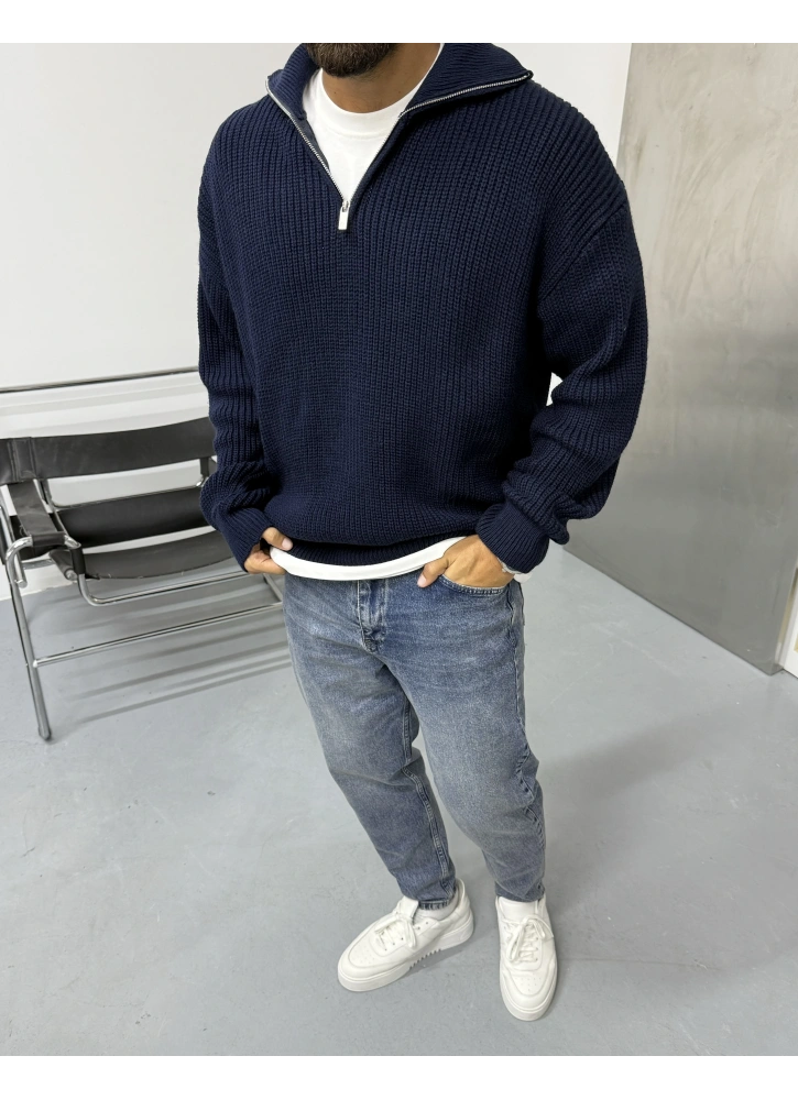 Lacivert Yarım Fermuar Oversize Triko Kazak