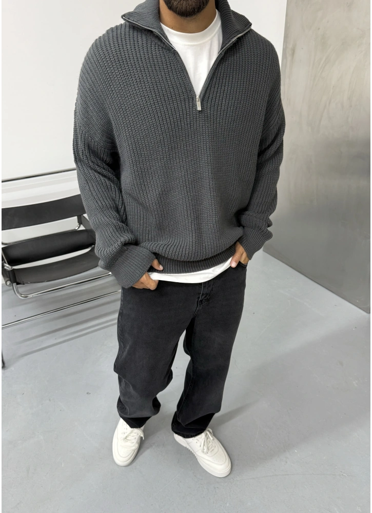 Gri Yarım Fermuar Oversize Triko Kazak