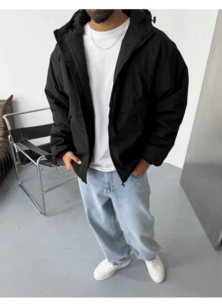 Siyah Kapüşonlu Oversize Su Geçirmez Mont