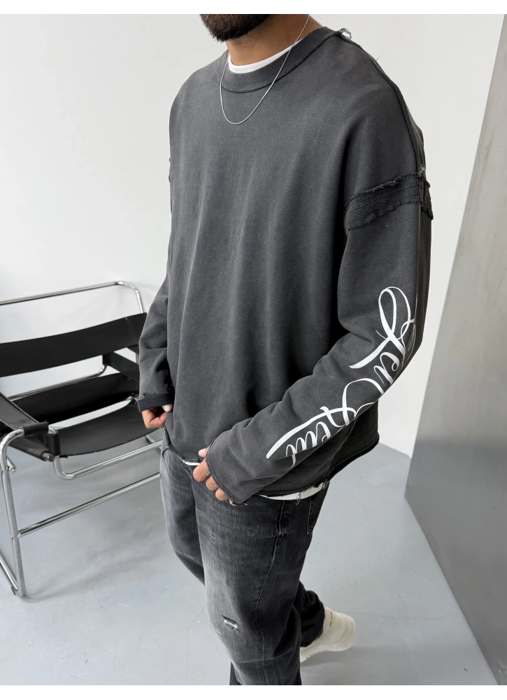Antrasit Yıkamalı Kol Baskılı Oversize Sweat