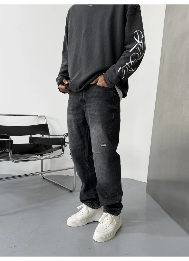 Siyah Eskitme Bol Kalıp Baggy Jeann