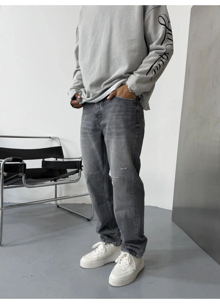 Gri Eskitme Bol Kalıp Baggy Jean