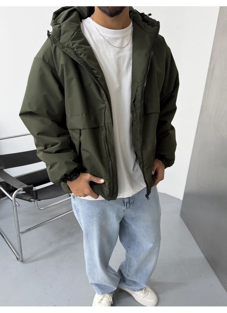 Haki Kapüşonlu Oversize Su Geçirmez Mont
