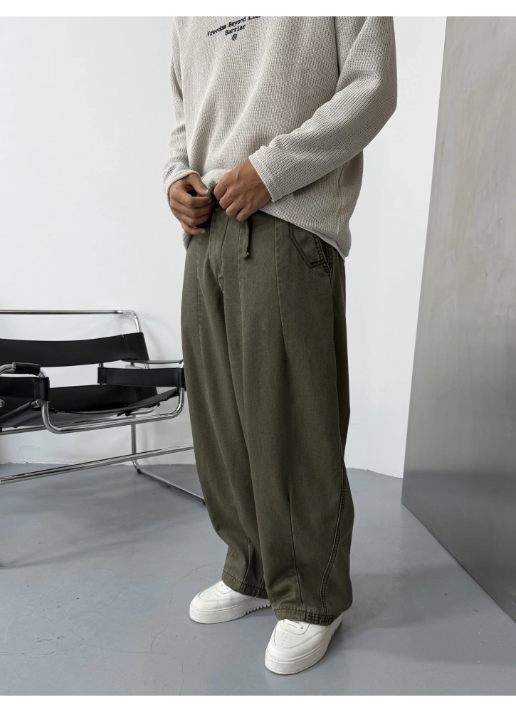 Haki Gabardin Pileli Ekstra Bol Baggy