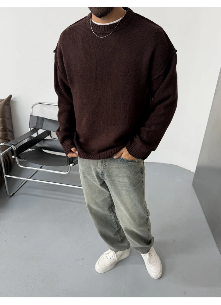 Kahve Oversize Ters Dikiş Triko Kazak