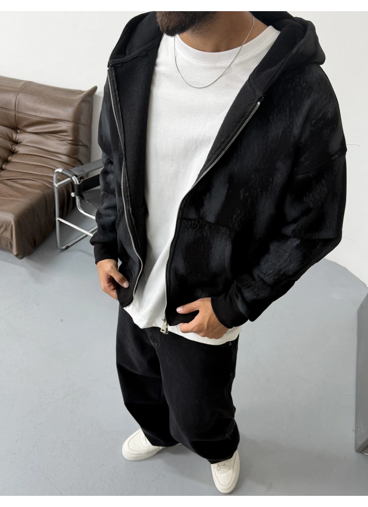 Siyah Premium Yıkamalı Kapişonlu Hırka