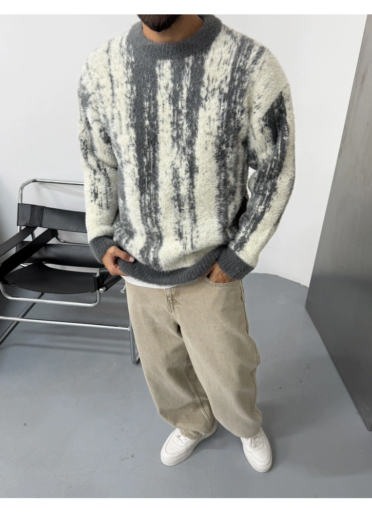 Gri Premium Desenli Oversize Kazak