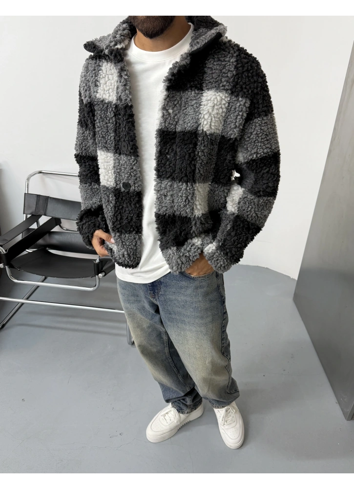 Siyah Ekose Oversize Peluş Ceket