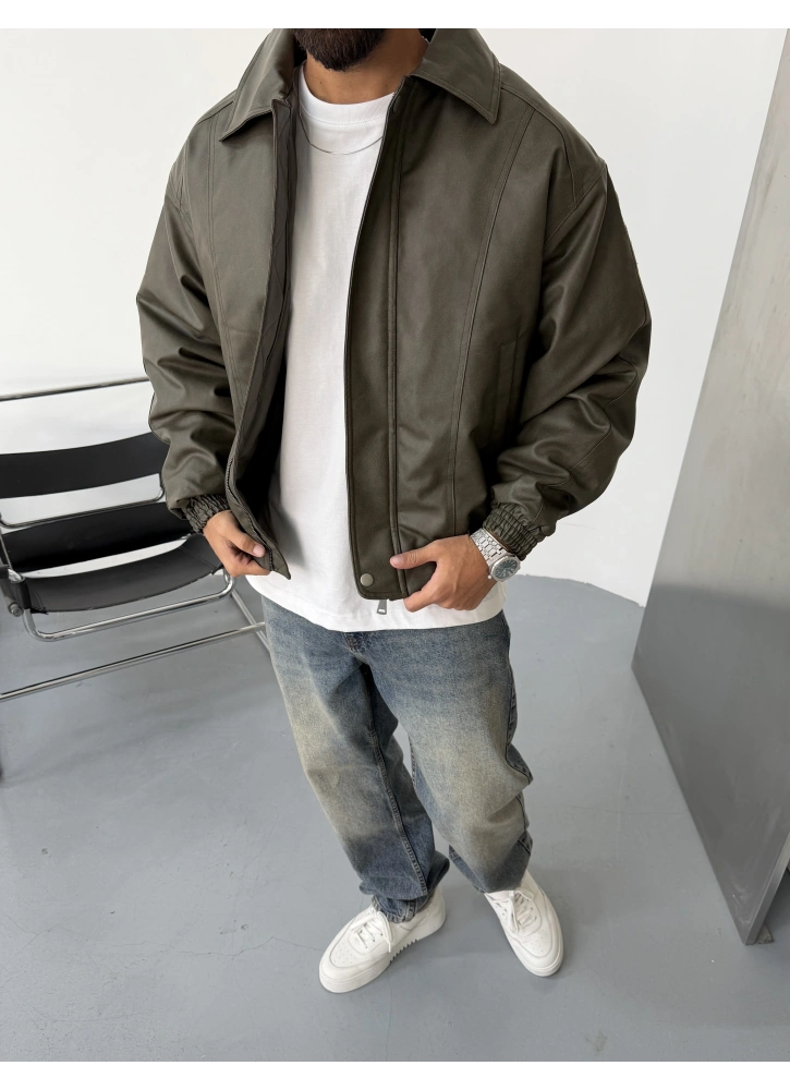 Haki Oversize İçi Astarlı Şişme Deri Ceket