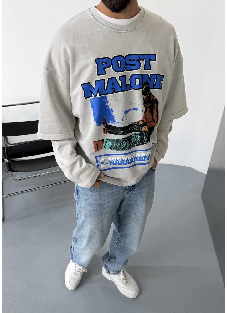 Gri Yıkamalı Baskılı Oversize Sweat