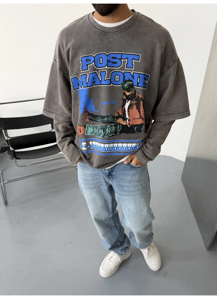 Antrasit Yıkamalı Baskılı Oversize Sweat