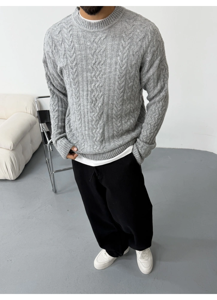 Gri Premium Örme Desenli Triko Kazak