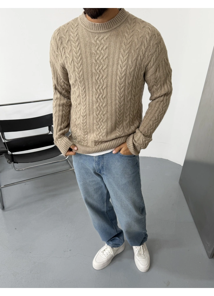 Sütlü Kahve Premium Örme Desenli Triko Kazak