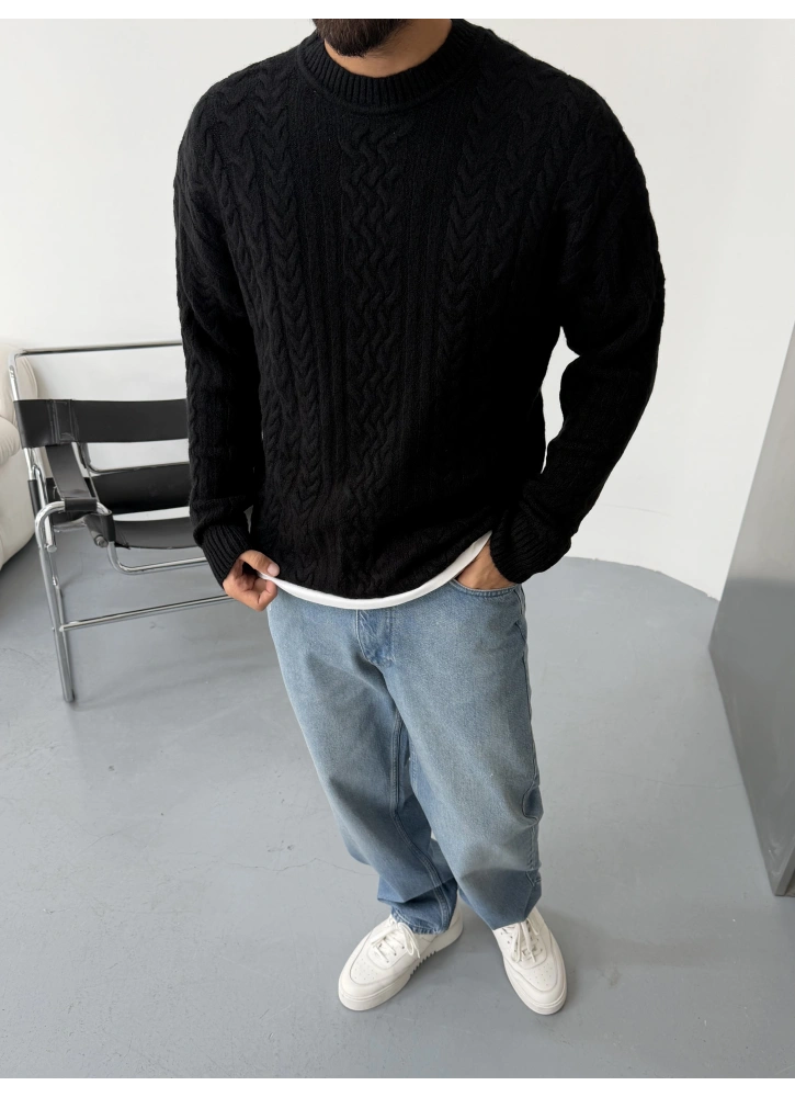 Siyah Premium Örme Desenli Triko Kazak