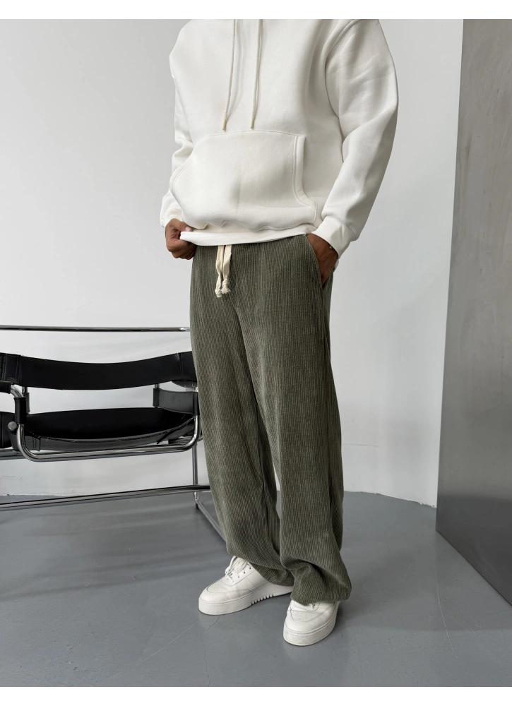 Haki Kadife Bol Kalıp Baggy Pantolon