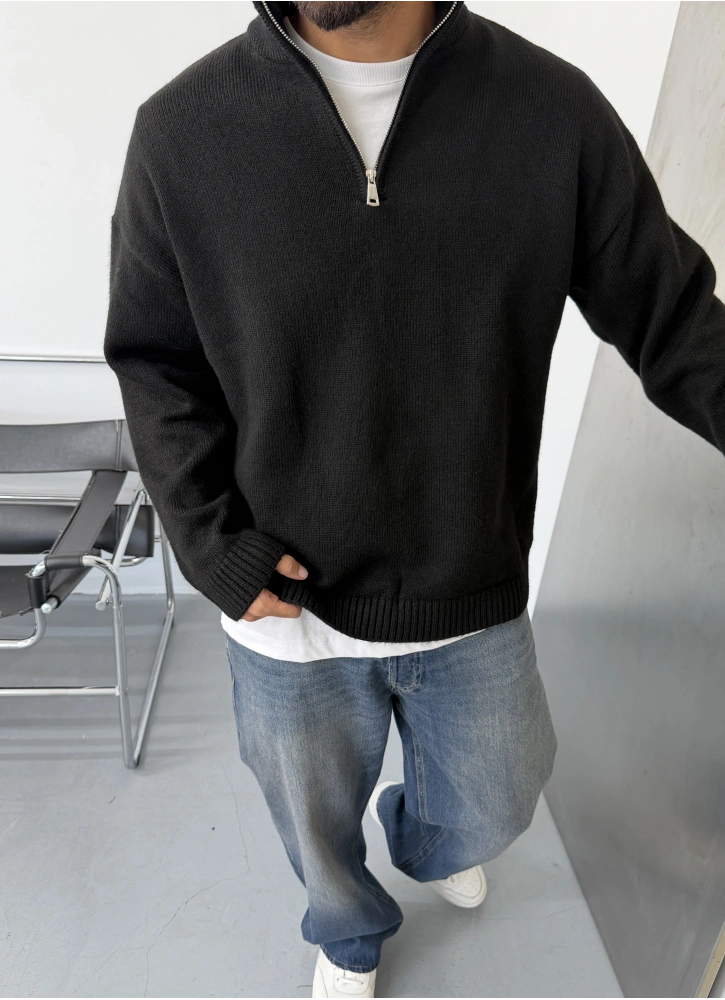 Siyah Premium Yarım Fermuar Kazak