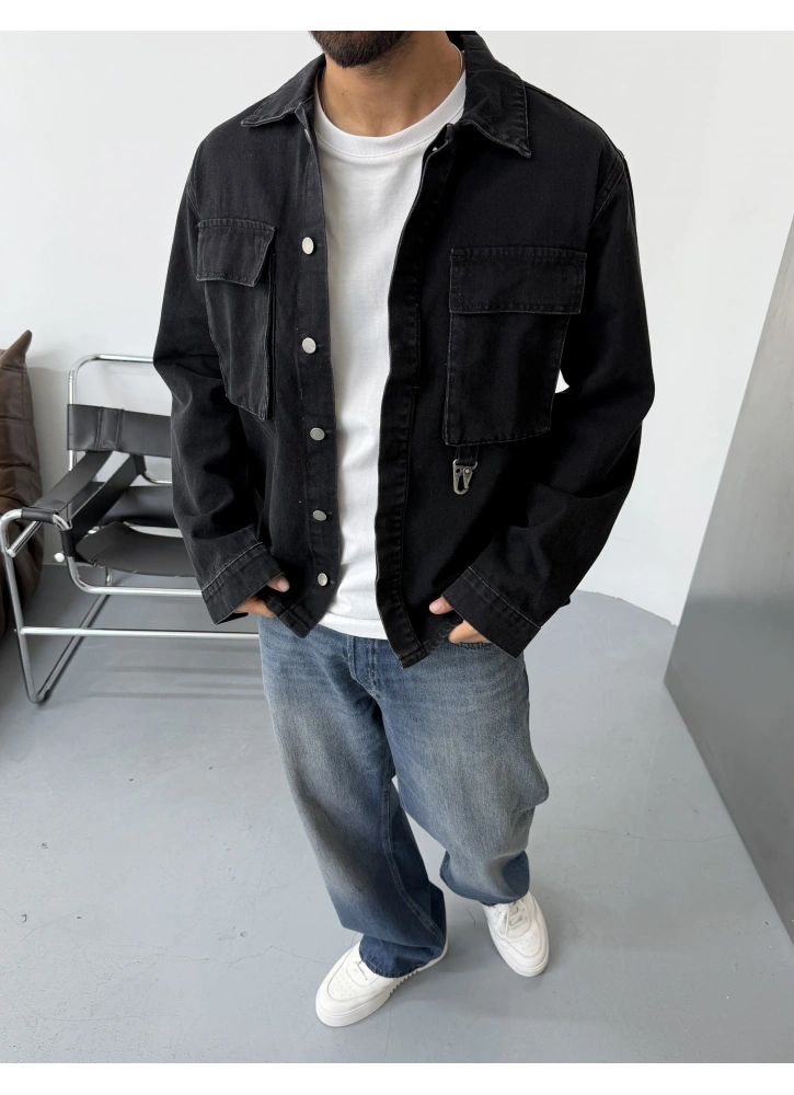 Siyah Eskitme Aksesuar Detay Denim Ceket