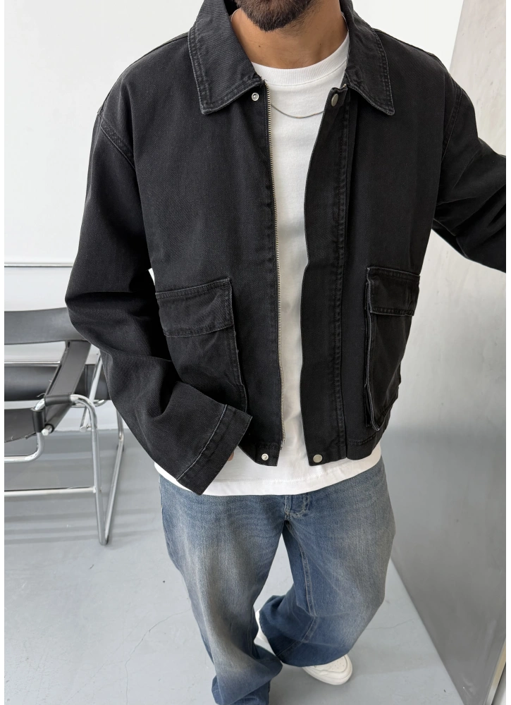 Siyah Eskitme Oversize Cepli Denim Ceket