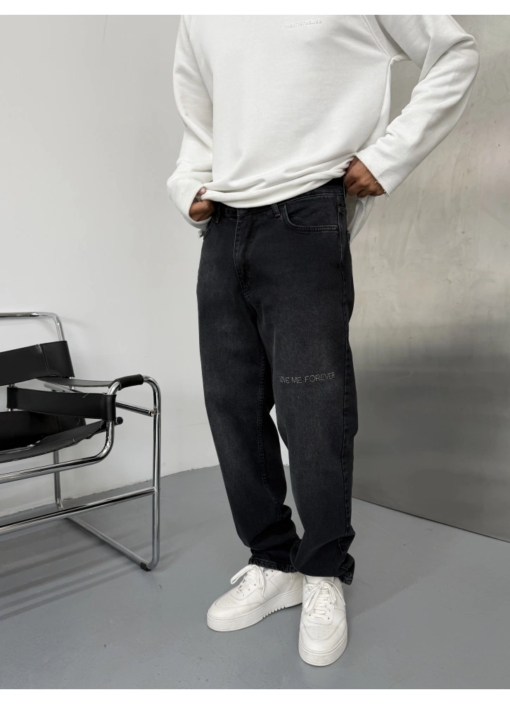 Siyah Premium İşlemeli Bol Kalıp Baggy Jean