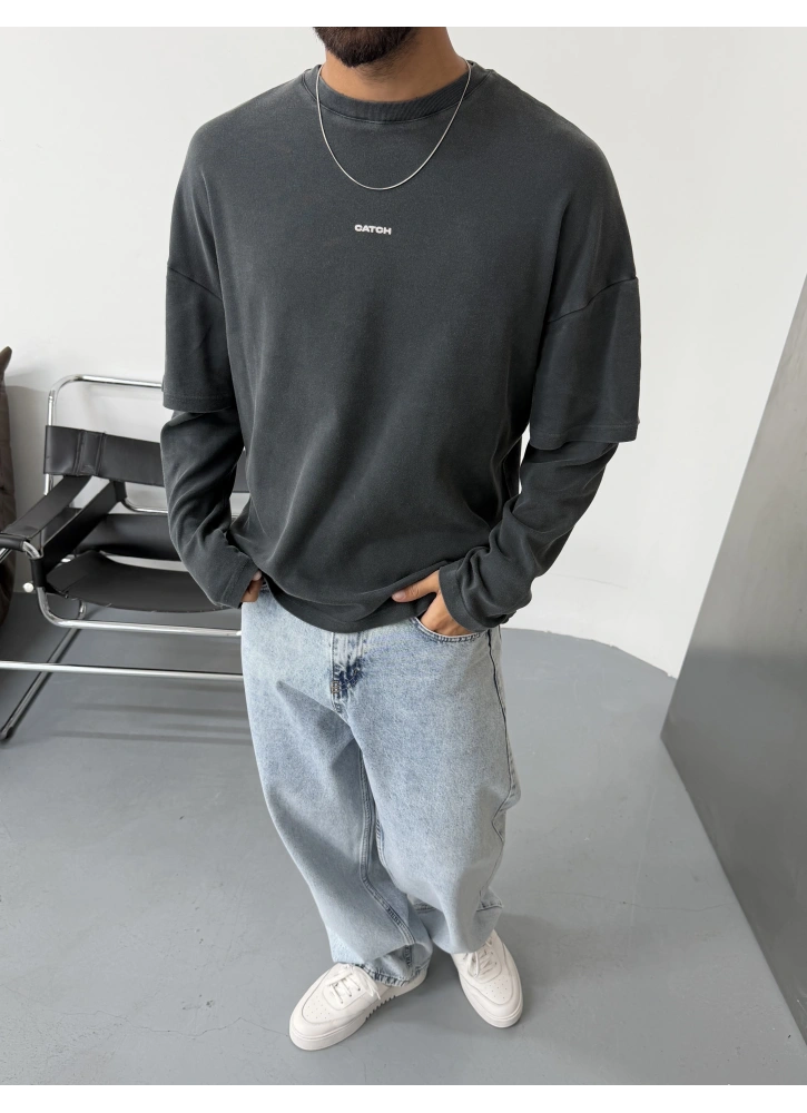 Antrasit Yıkamalı Kollu Oversize Sweat