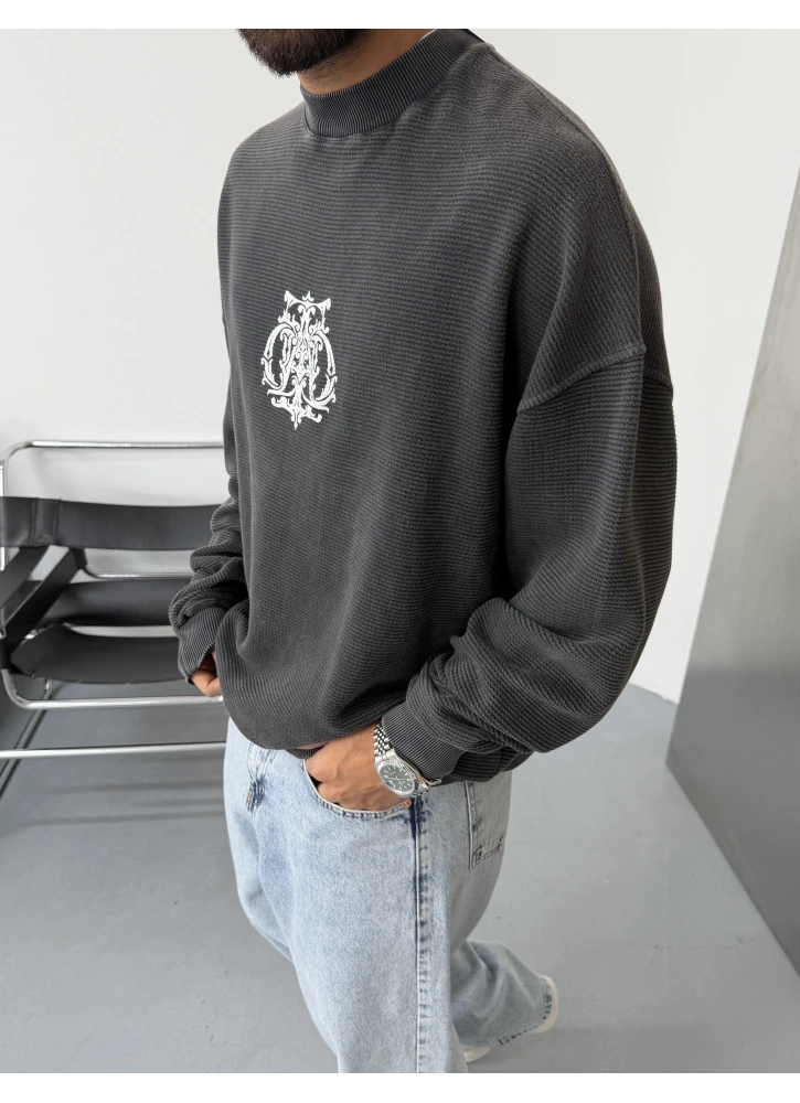 Antrasit Yıkamalı Baskılı Oversize Gofre Sweat
