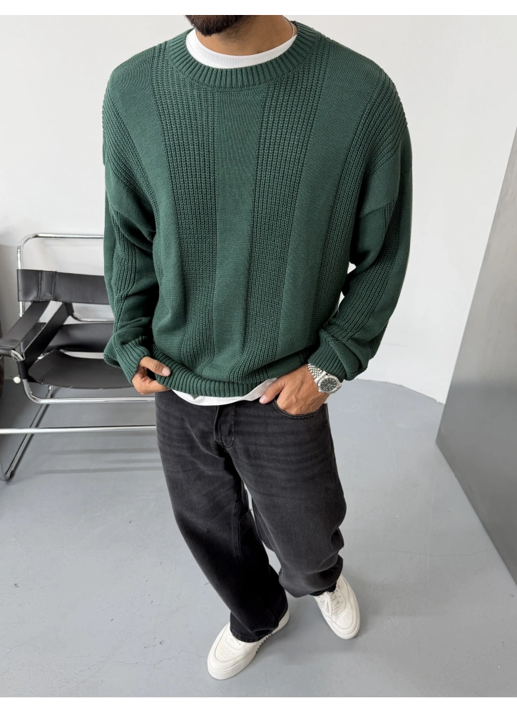 Yeşil Şerit Detay Oversize Triko Kazak