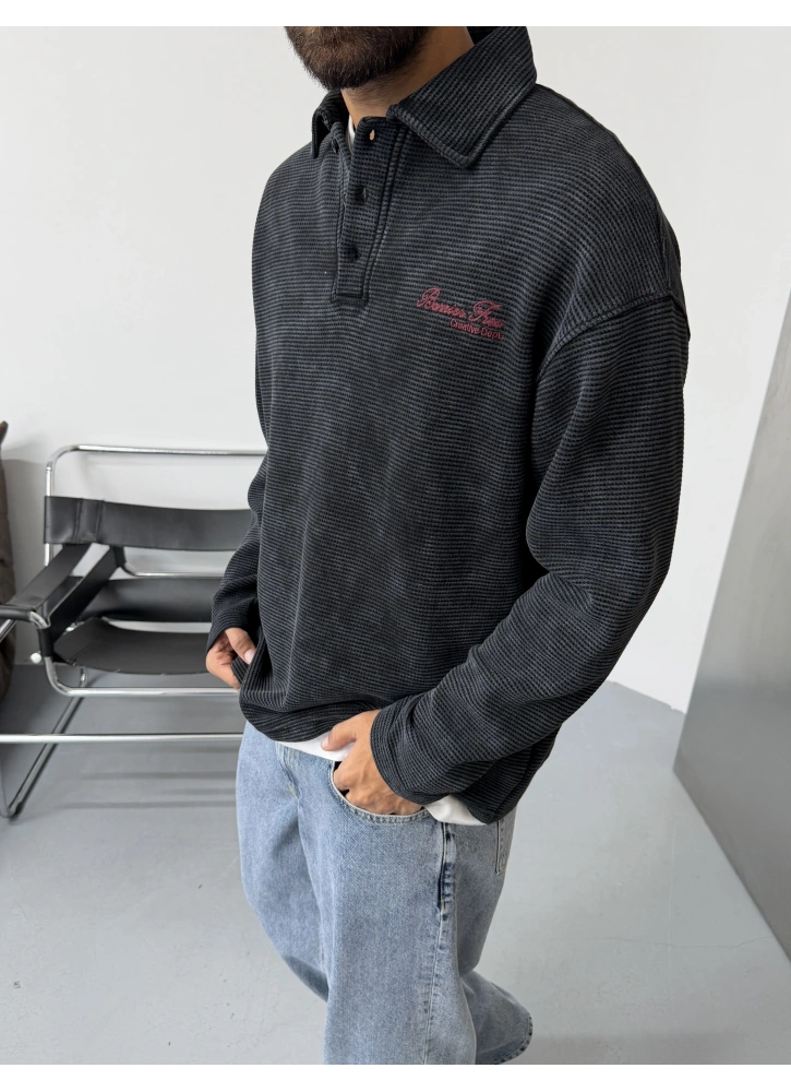 Siyah Gofre Polo Yaka Oversize Sweat