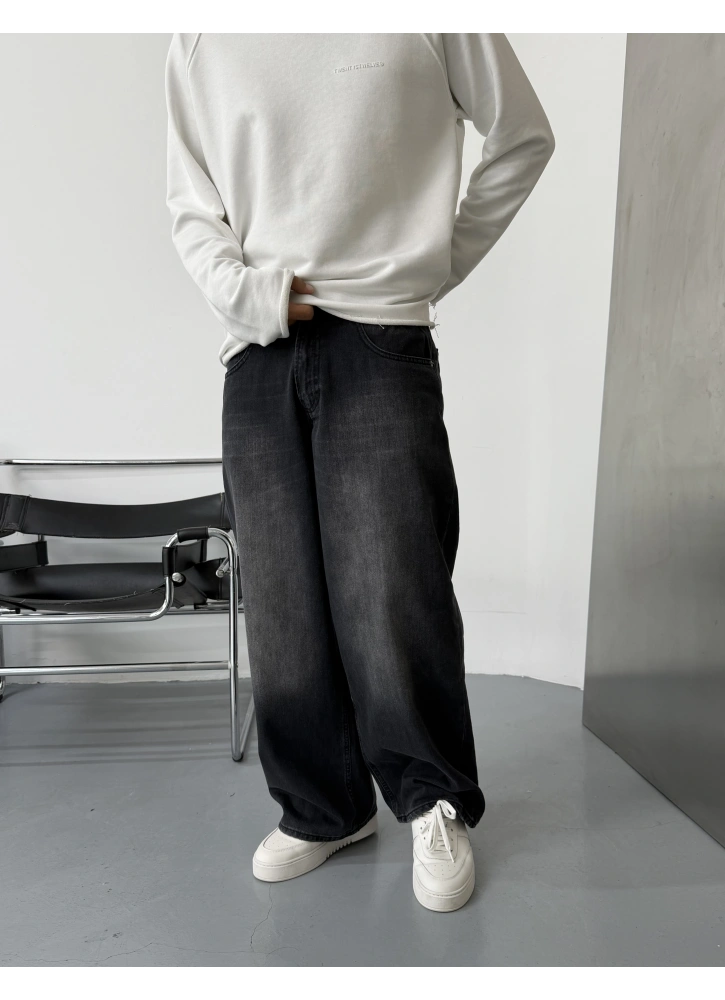 Siyah Eskitme Ekstra Bol Baggy Jean